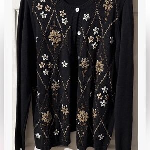 Alfred Dunner Women's M Black Cardigan Embroidery Floral Motif Y2K Retro Grandma